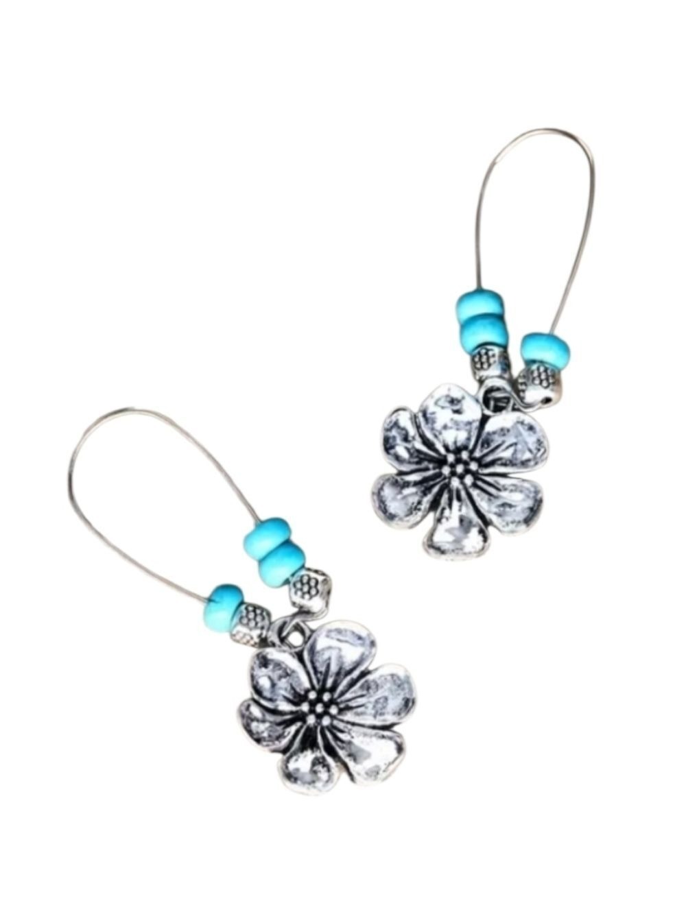 Silvertone Floral Earrings Blue Accents